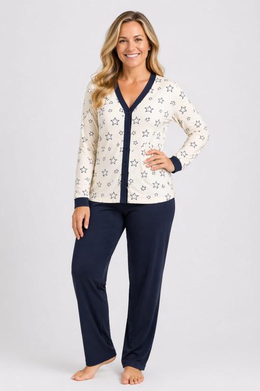 408 PIJAMA LONGO ABERTO ESTAMPADA  CALÇA LISA - AZUL MARINHO
