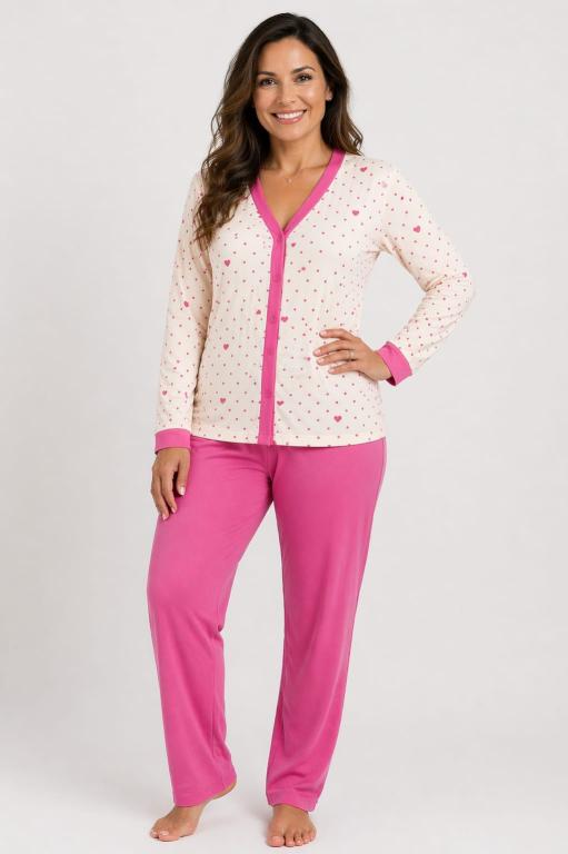 408 PIJAMA LONGO ABERTO ESTAMPADA  CALÇA LISA - ROSA CHICLETE