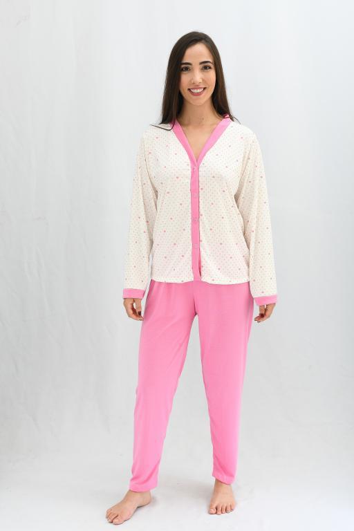 408 PIJAMA LONGO ABERTO ESTAMPADA  CALÇA LISA - ROSA BEBE