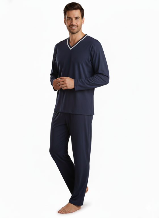 410 PIJAMA LONGO MASCULINO GOLA  V LISO - AZUL MARINHO