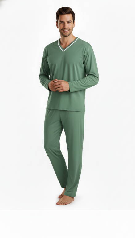 410 PIJAMA LONGO MASCULINO GOLA V LISO - VERDE