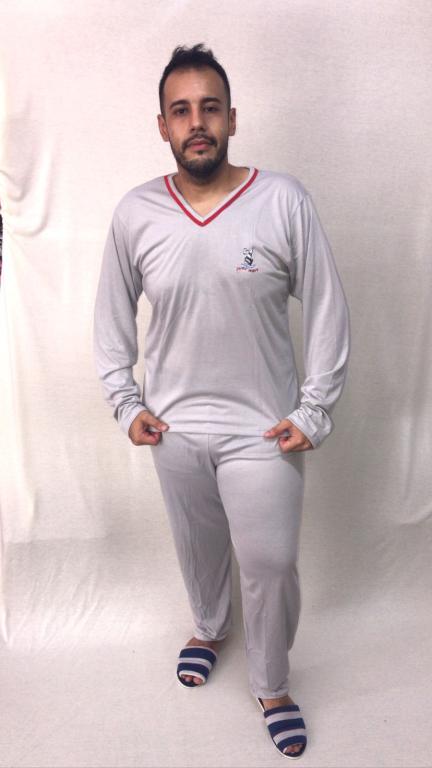 410 PIJAMA LONGO MASCULINO GOLA V LISO - CINZA