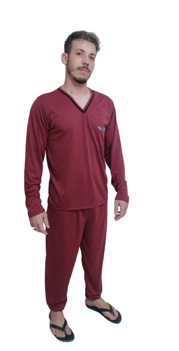 410 PIJAMA LONGO MASCULINO GOLA V LISO - VINHO