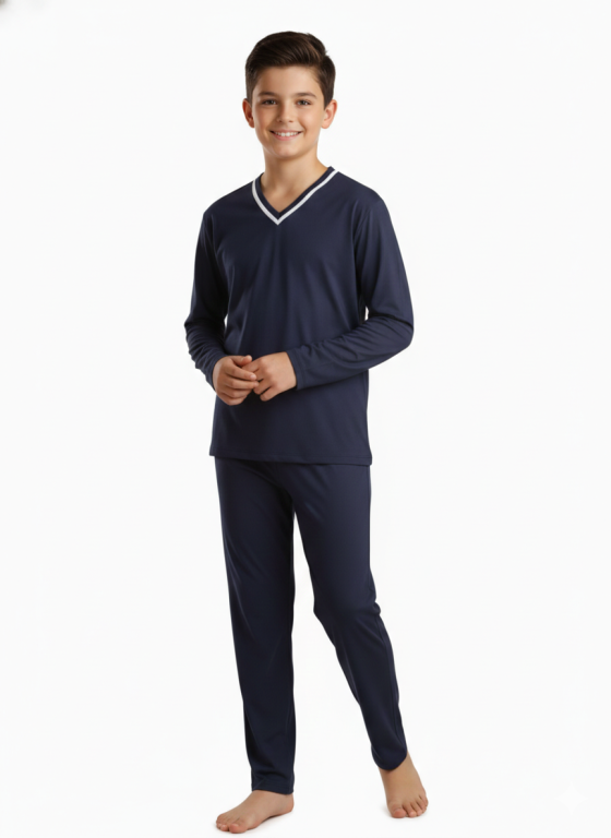 412 PIJAMA LONGO MASCULINO INFANTIL  GOLA  V LISO - AZUL MARINHO