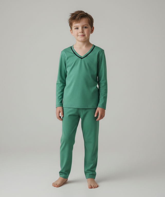 412 PIJAMA LONGO MASCULINO INFANTIL  GOLA  V LISO - VERDE