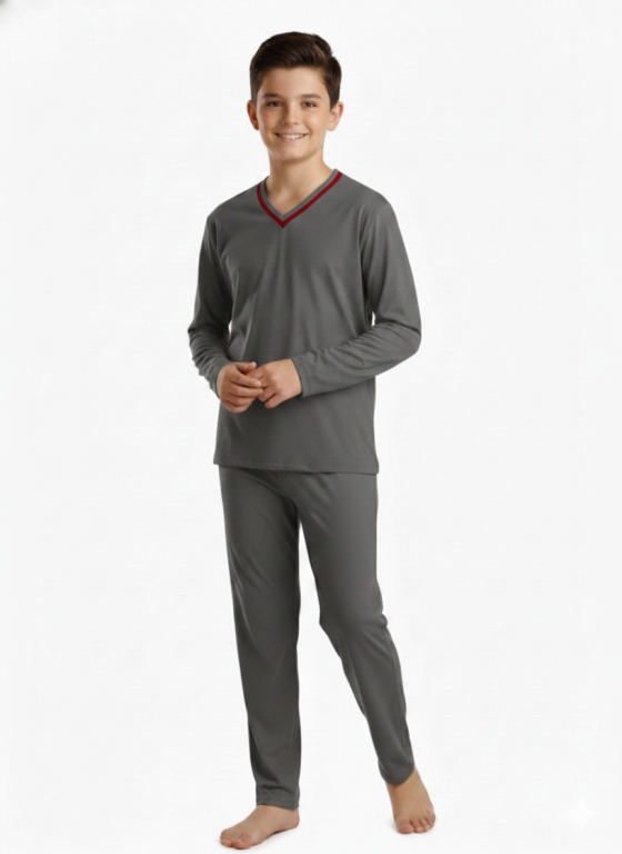 412 PIJAMA LONGO MASCULINO INFANTIL  GOLA  V LISO - CINZA