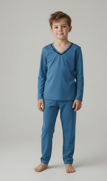 412 PIJAMA LONGO MASCULINO INFANTIL  GOLA  V LISO - AZUL PETROLEO