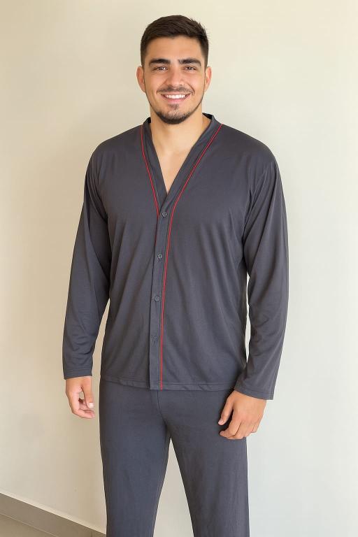 414 PIJAMA MASCULINO ABERTO COM BOTOES LISO - CHUMBO