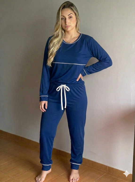 434 PIJAMA LONGO LISO DETALHES DE VIVO - AZUL MARINHO