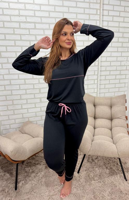 434 PIJAMA LONGO LISO DETALHES DE VIVO - PRETO