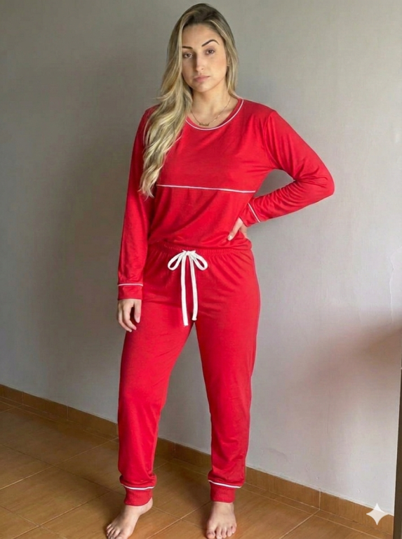 434 PIJAMA LONGO LISO DETALHES DE VIVO - VERMELHO