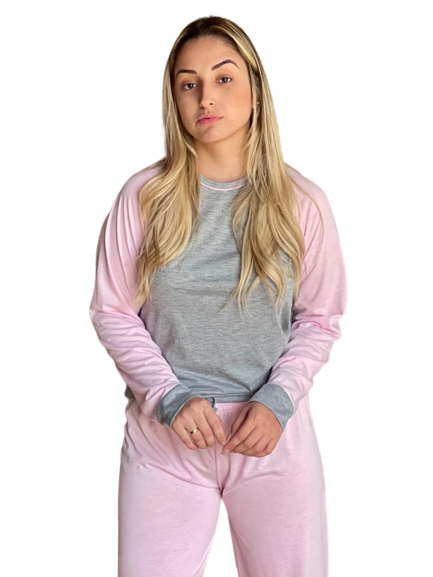 436 PIJAMA MESCLA MANGA RAGAM E CALÇAS COLORIDAS - ROSA BEBE