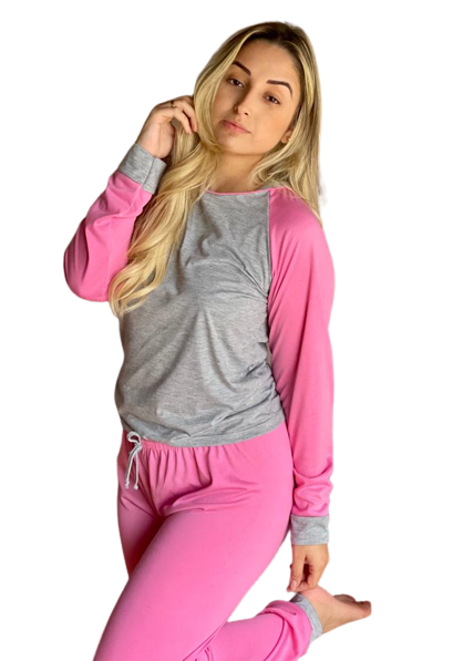 436 PIJAMA MESCLA MANGA RAGAM E CALÇAS COLORIDAS - ROSA CHICLETE