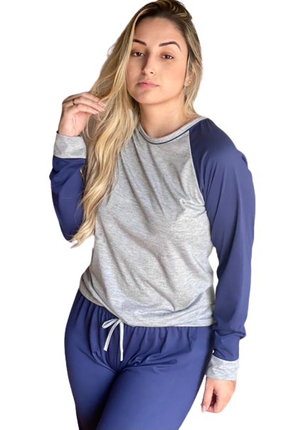 436 PIJAMA MESCLA MANGA RAGAM E CALÇAS COLORIDAS - AZUL MARINHO
