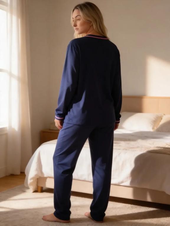 510 PIJAMA LONGO BLOGUEIRA ABERTO DE BOTAO LISO - AZUL MARINHO