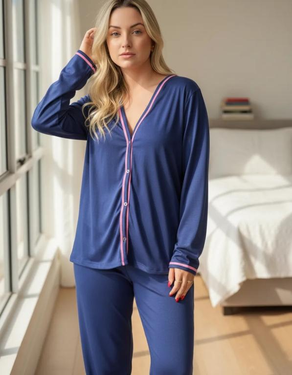 510 PIJAMA LONGO BLOGUEIRA ABERTO DE BOTAO LISO - AZUL MARINHO