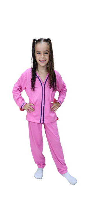 511 PIJAMA LONGO INFANTIL BLOGUEIRA ABERTO DE BOTAO LISO - ROSA CHICLETE