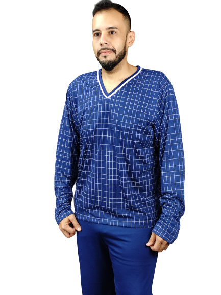 524 PIJAMA LONGO GRID MASCULINO - AZUL MARINHO