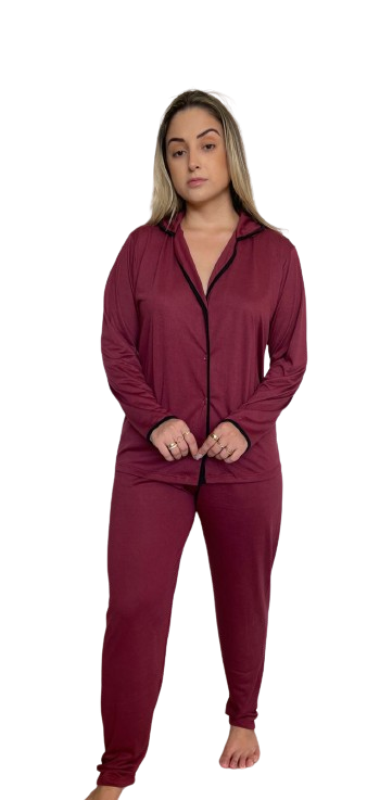 606 PIJAMA AMERICANO DE GOLA ABERTO LONGO LISO - BORDO