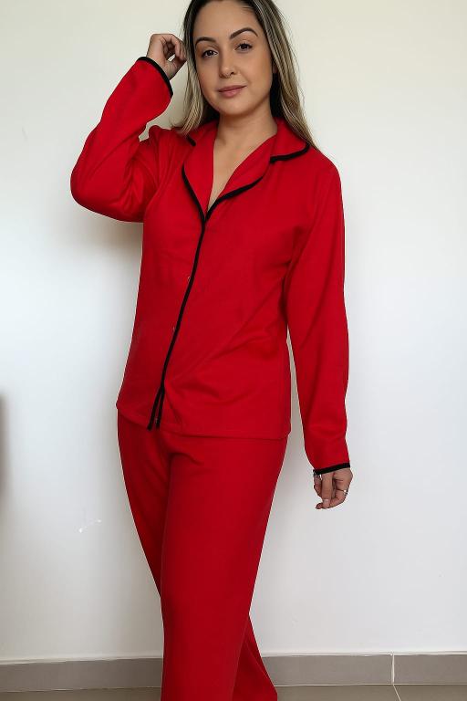 600 PIJAMA MOLETINHO AMERICANO DE GOLA ABERTO LONGO LISO - VERMELHO