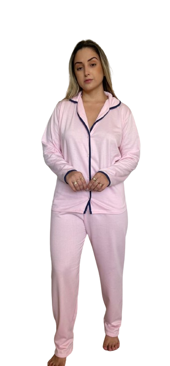 600 PIJAMA MOLETINHO AMERICANO DE GOLA ABERTO LONGO LISO - ROSA BEBE