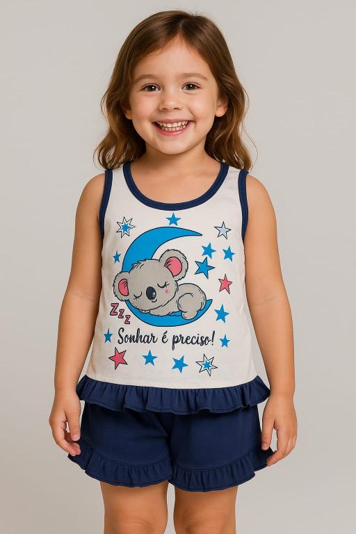 033 PIJAMA CAMISETA INFANTIL SILK E BABADO - AZUL MARINHO