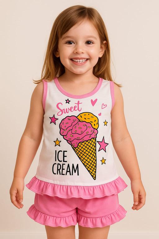 033 PIJAMA CAMISETA INFANTIL SILK E BABADO - ROSA CHICLETE