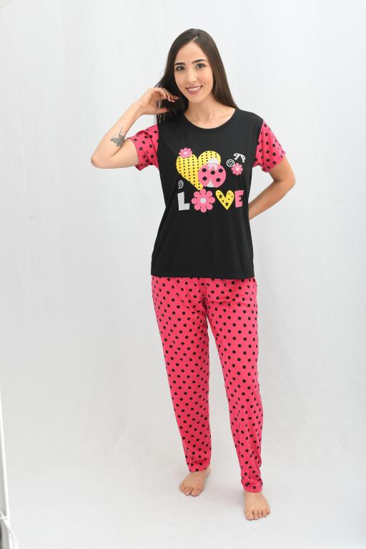 140 PIJAMA MEIA MANGA COM CALÇA ESTAMPADA - PRETO
