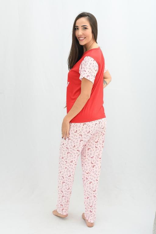140 PIJAMA MEIA MANGA COM CALÇA ESTAMPADA - VERMELHO