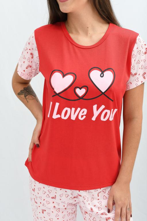 140 PIJAMA MEIA MANGA COM CALÇA ESTAMPADA - VERMELHO