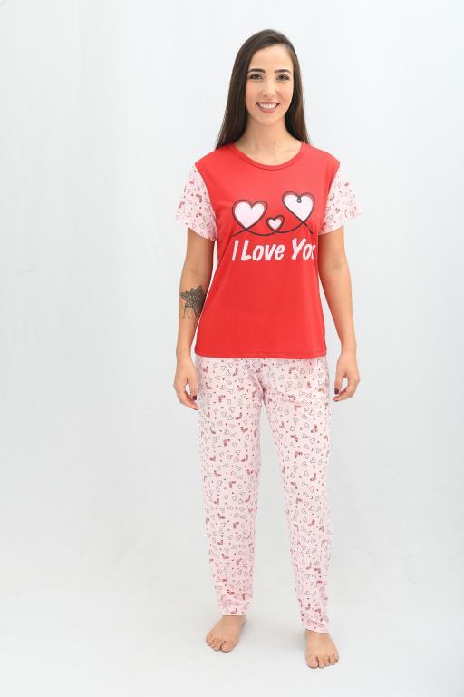 140 PIJAMA MEIA MANGA COM CALÇA ESTAMPADA - VERMELHO