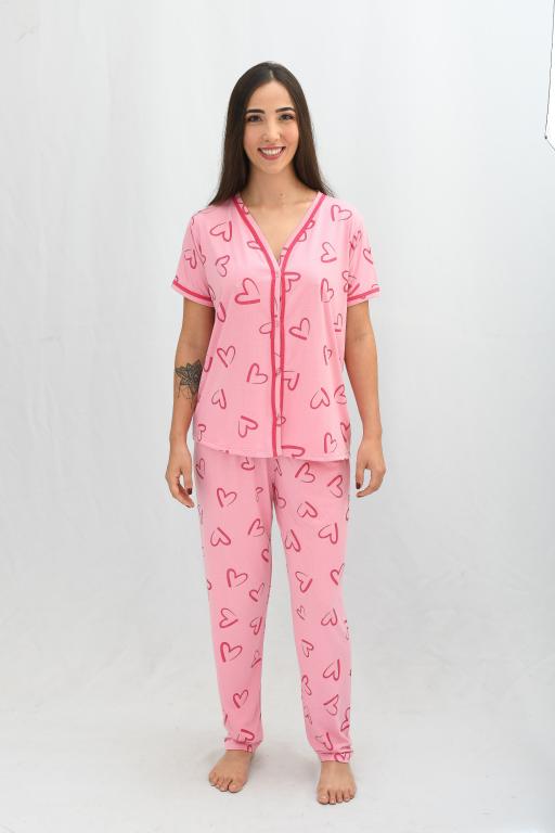 528 PIJAMA ABERTO MANGA CURTA - ROSA CORAÇÃO