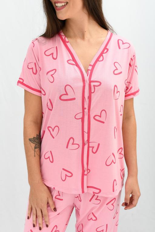 528 PIJAMA ABERTO MANGA CURTA - ROSA CORAÇÃO