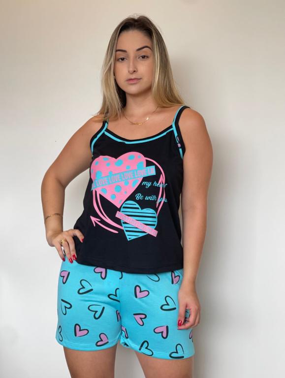 454 PIJAMA ALÇA SHORT ESTAMPADO - CORAÇÃO AZUL