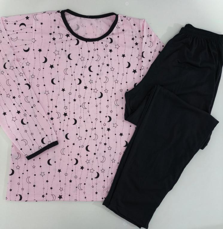 404 PIJAMA LONGO BLUSA ESTAMPADA CALÇA LISA - ROSA BEBE