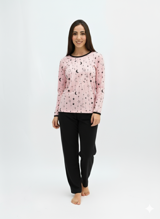 404 PIJAMA LONGO BLUSA ESTAMPADA CALÇA LISA - ROSA BEBE