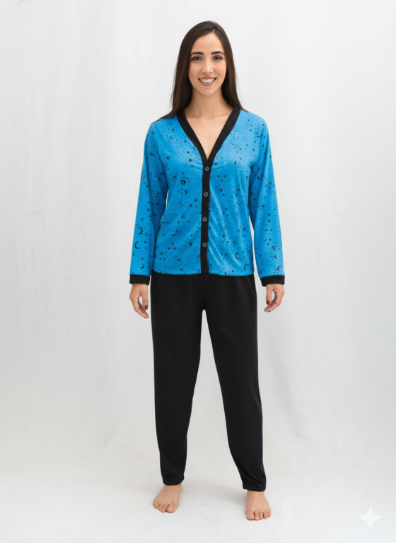 408 PIJAMA LONGO ABERTO -  BLUSA AZUL ESTRELA