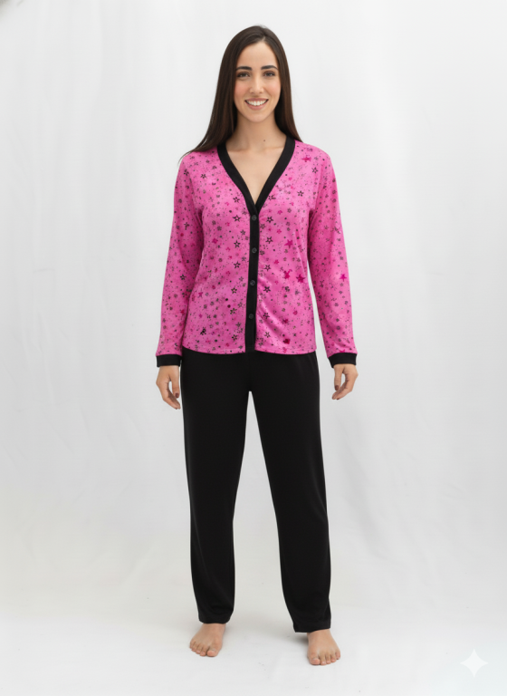 408 PIJAMA LONGO ABERTO - BLUSA ROSA ESTRELA