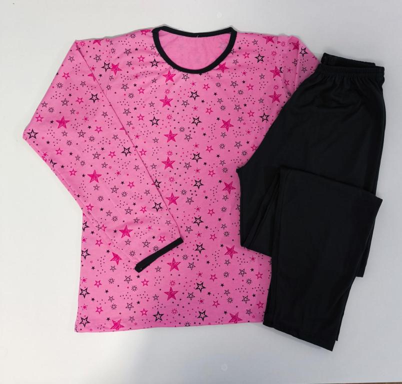 404 PIJAMA LONGO BLUSA ESTAMPADA CALÇA LISA - ESTRELA PRETO