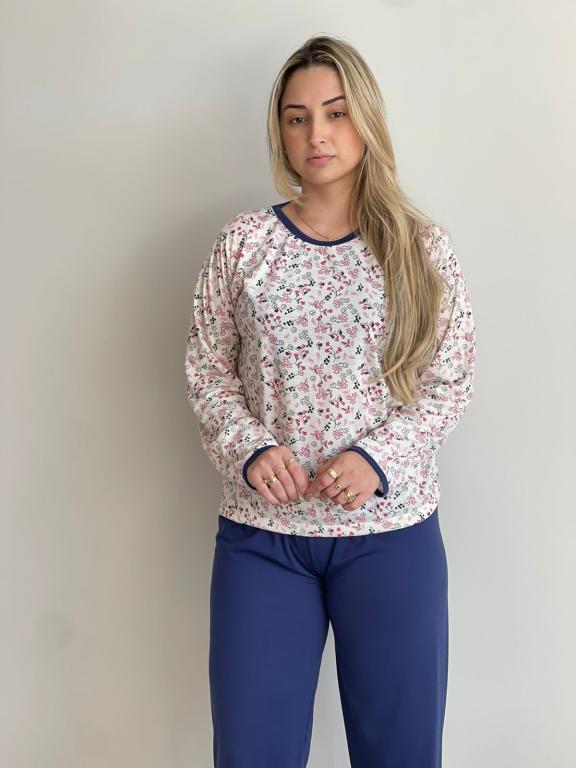 404 PIJAMA LONGO BLUSA ESTAMPADA CALÇA LISA - FLOR MARINHO