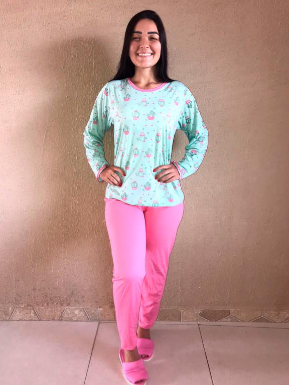 404 PIJAMA LONGO BLUSA ESTAMPADA CALÇA LISA - ROSA CHICLETE CACTO