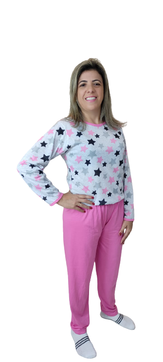 404 PIJAMA LONGO BLUSA ESTAMPADA CALÇA LISA - FLOR PINK