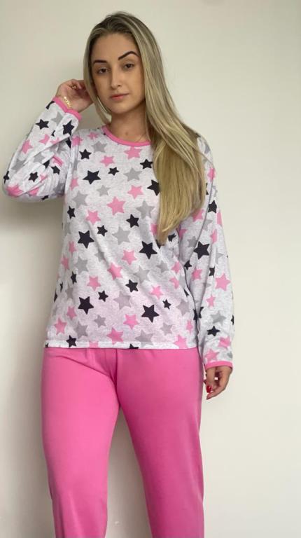 404 PIJAMA LONGO BLUSA ESTAMPADA CALÇA LISA - ESTRELA ROSA CHICLETE