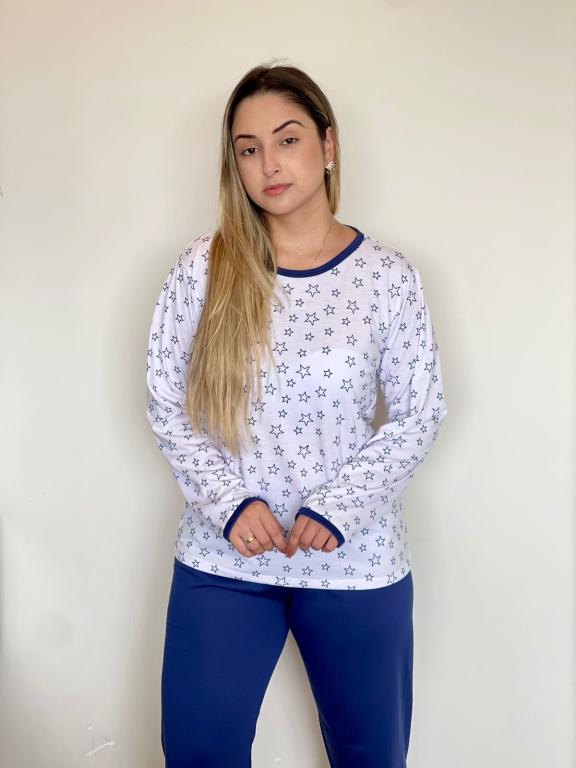 404 PIJAMA LONGO BLUSA ESTAMPADA CALÇA LISA - ESTRELA MARINHO
