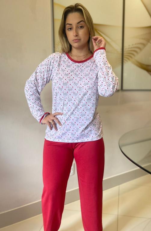404 PIJAMA LONGO BLUSA ESTAMPADA CALÇA LISA - URSO VERMELHO
