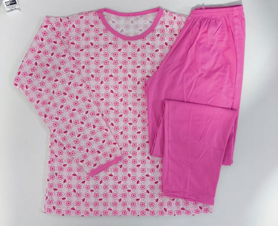 404 PIJAMA LONGO BLUSA ESTAMPADA CALÇA LISA - FLOR ROSA CHICLETE