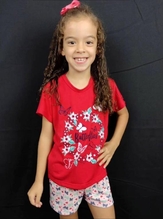 201 PIJAMA INFANTIL MEIA MANGA COM SHORT - VERMELHO FLOR