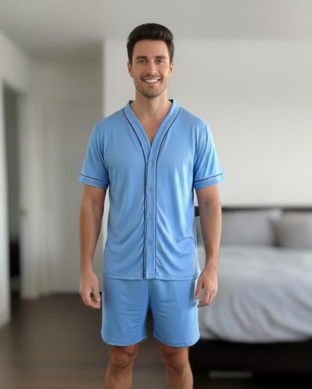 428 PIJAMA MASCULINO ABERTO COM BOTOES LISO - AZUL MOTORISTA