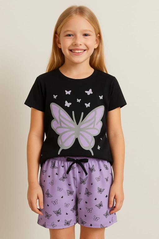 201 PIJAMA INFANTIL MEIA MANGA COM SHORT - BORBOLETA PRETO
