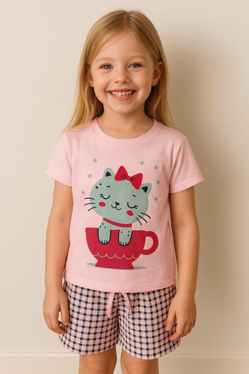 201 PIJAMA INFANTIL MEIA MANGA COM SHORT - XADREZ ROSA BEBE